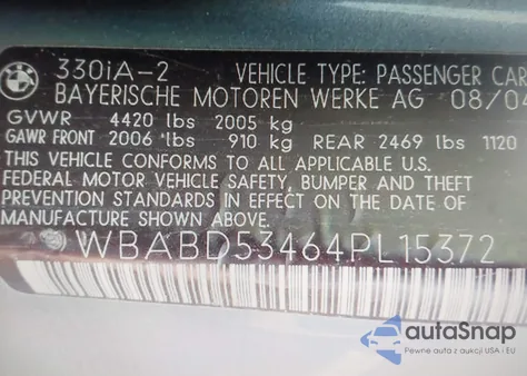 2004 BMW 330Ci z USA, uszkodzony, nr VIN WBABD53464PL15372